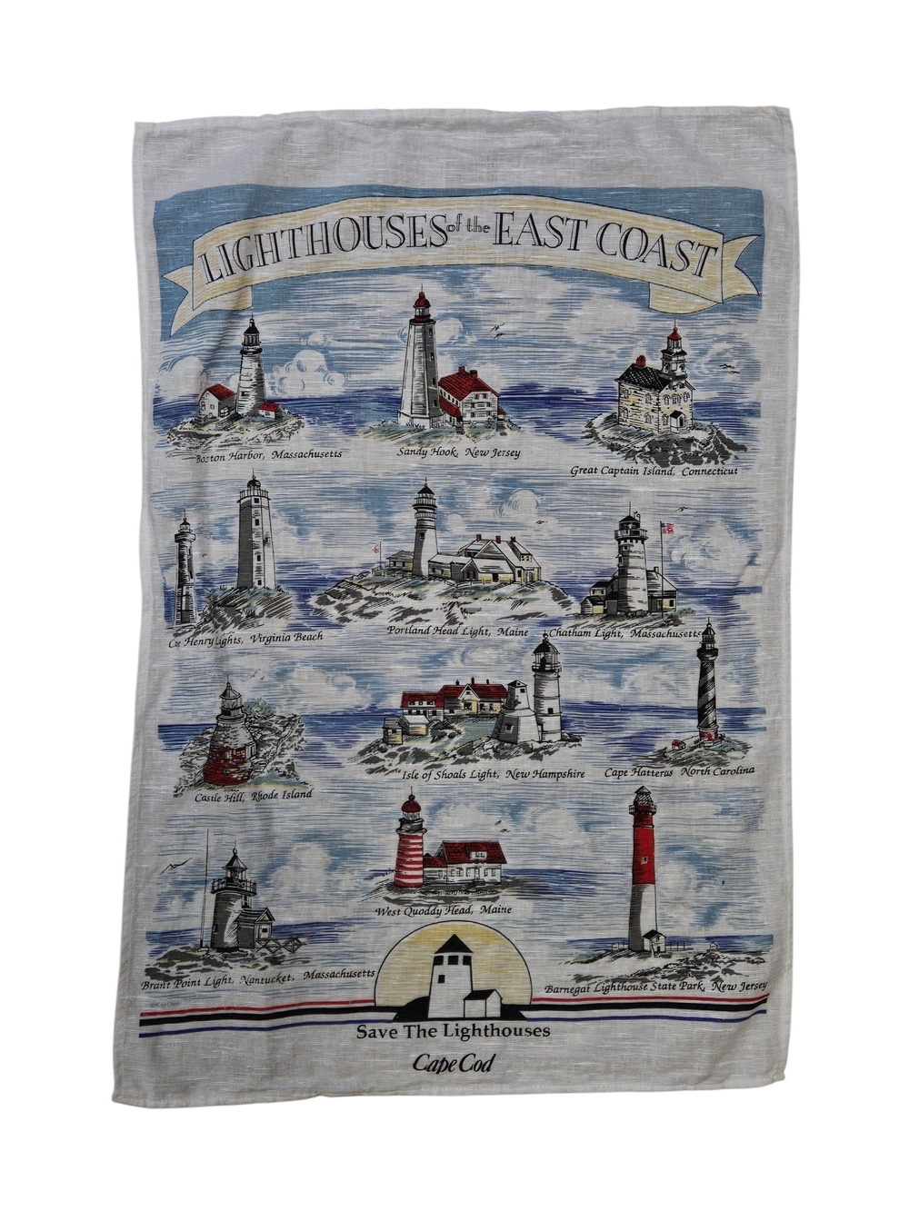 VINTAGE Lighthouses of the East Coast Linen Cotton Tea Towel USA Made 18" x 26"